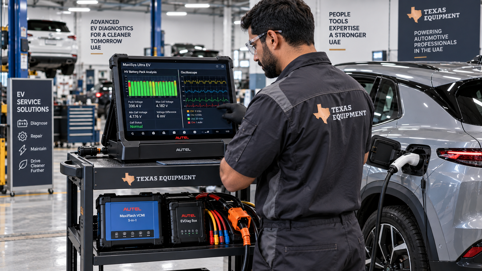 Autel MaxiSys Ultra EV diagnostic tablet displaying high-voltage battery analysis on a mobile cart in a UAE automotive workshop.