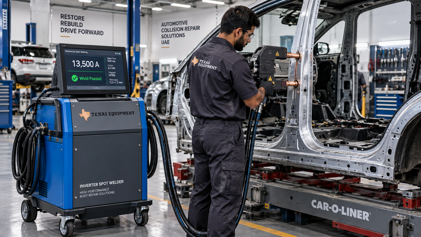 Commercial inverter spot welding machine repairing ultra-high-strength steel vehicle frame in a UAE automotive body shop.