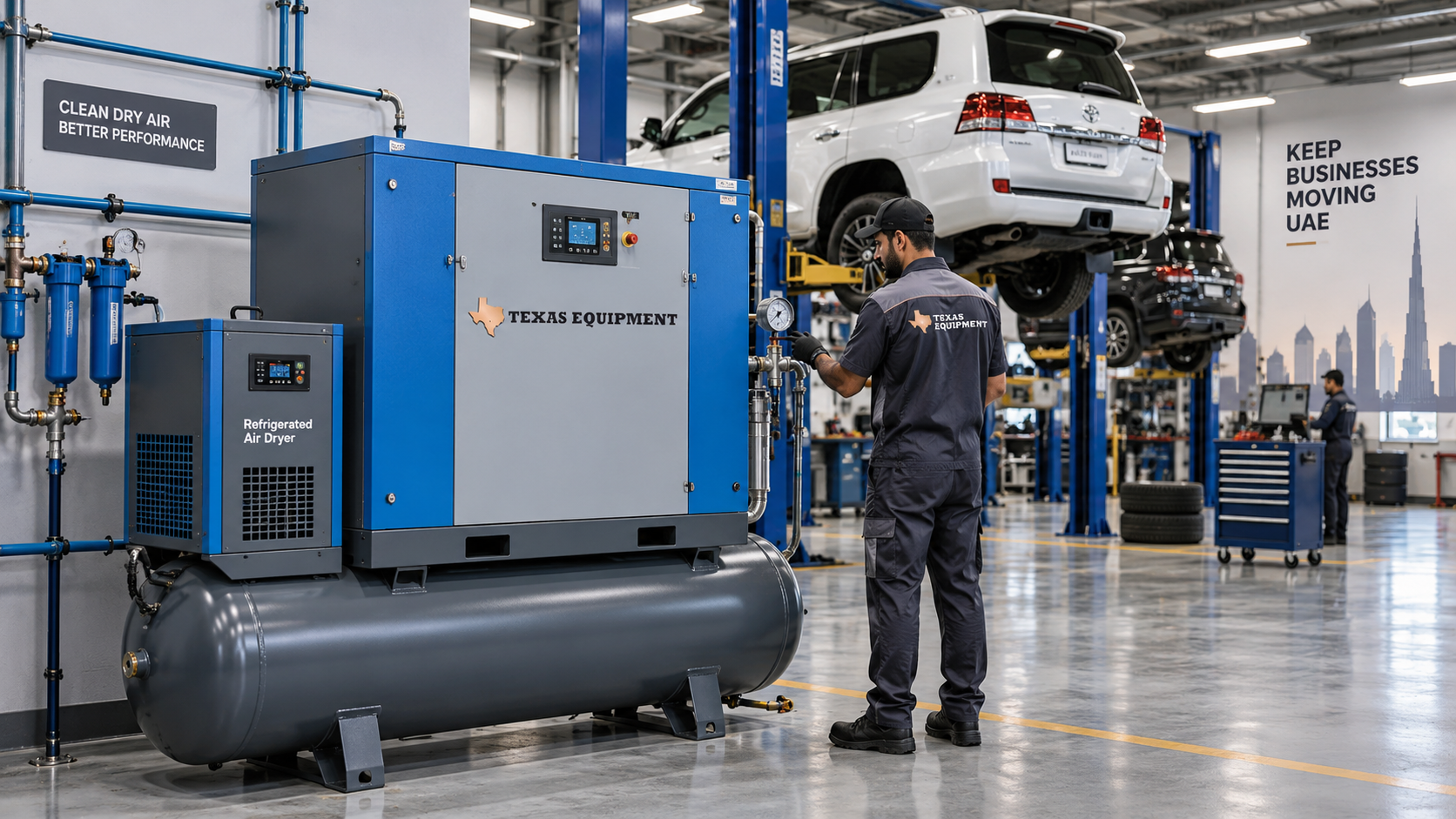Industrial rotary screw air compressor and integrated refrigerated air dryer installed in a UAE automotive repair workshop.