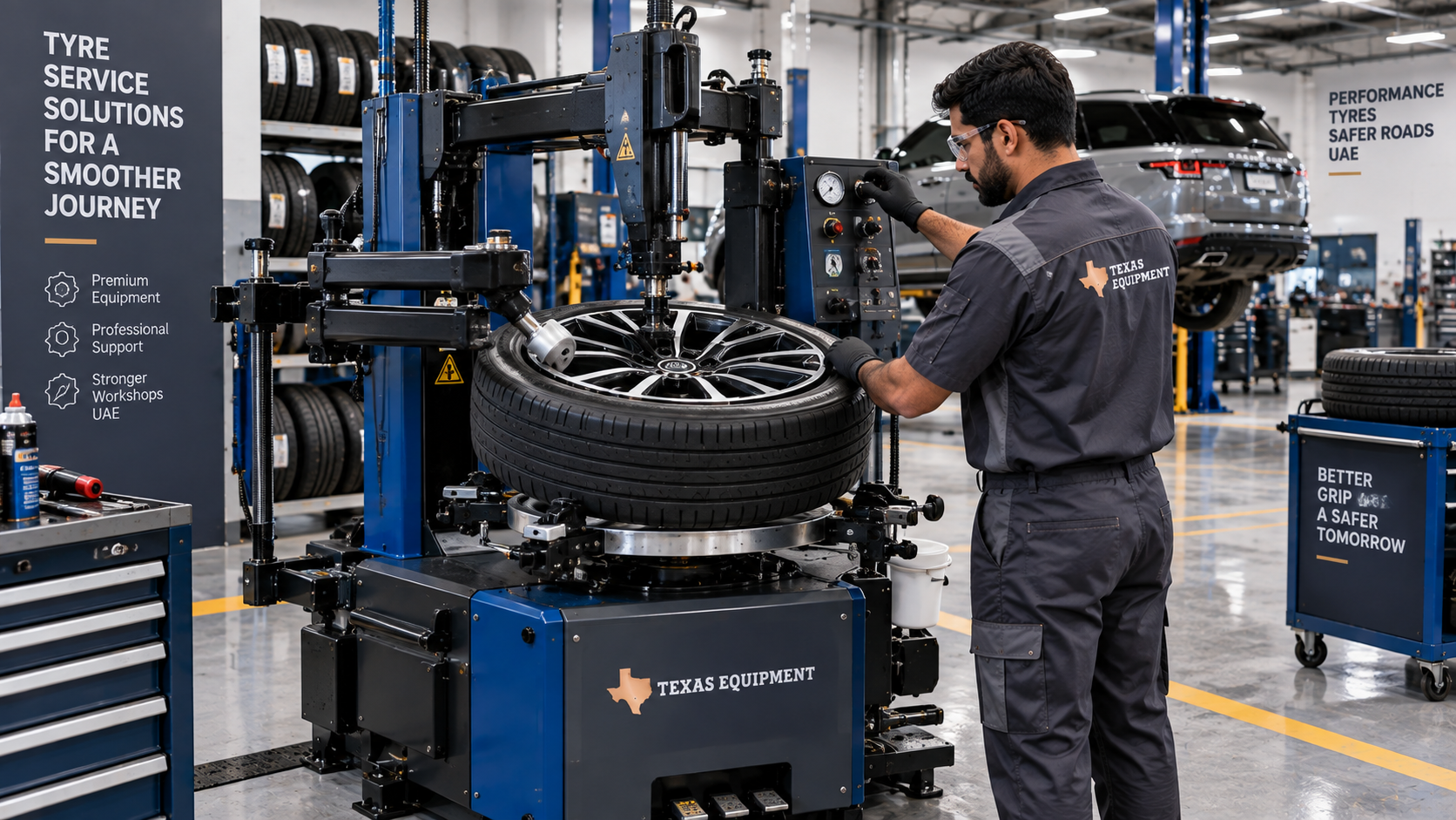Heavy-duty commercial tyre changer with dual pneumatic assist arms mounting a low-profile tyre on an alloy wheel in a UAE workshop.