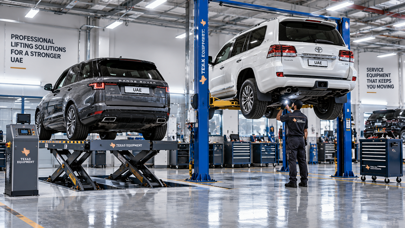 Low-profile scissor lift and 2-post car lift installed side-by-side in a modern UAE automotive workshop bay.