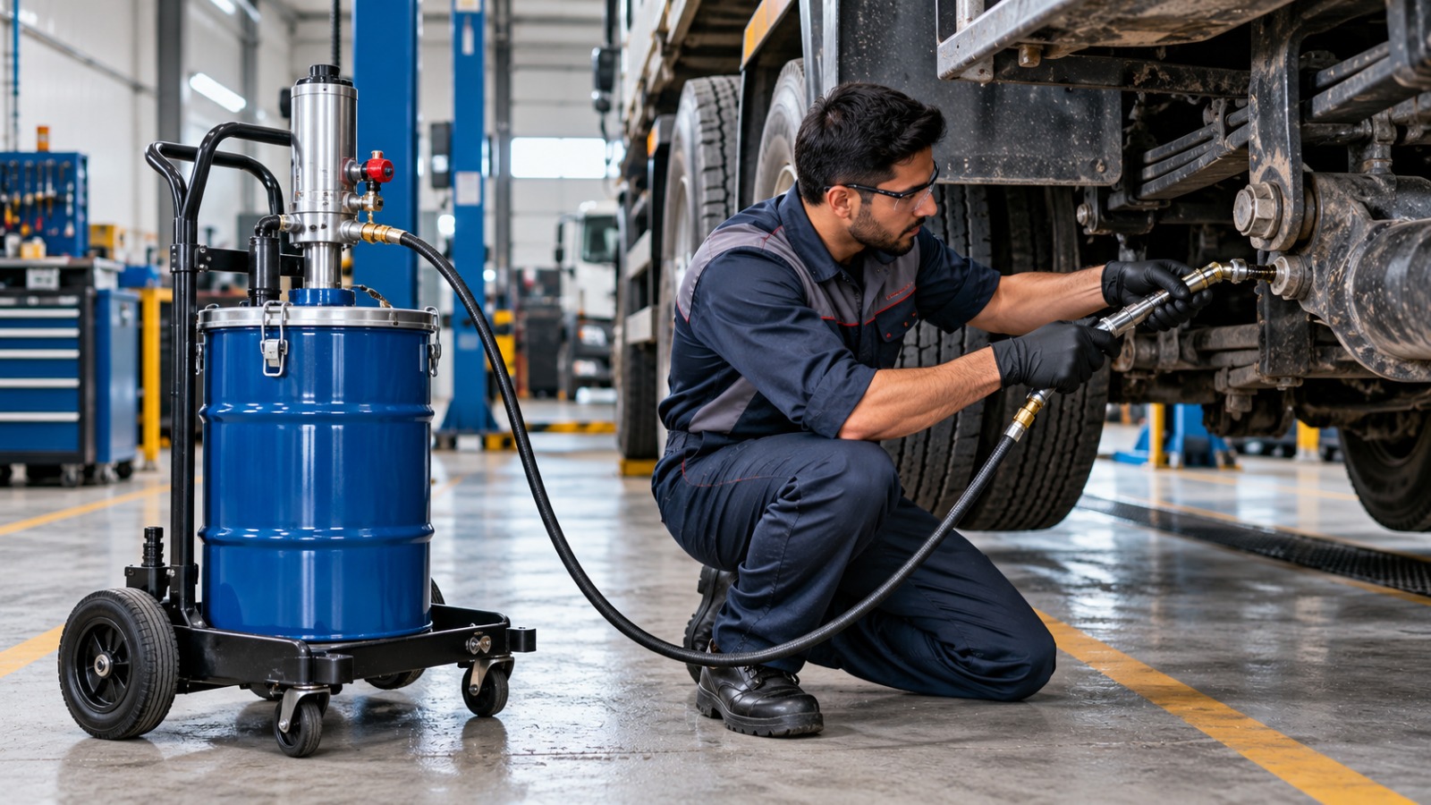 Mechanic using a mobile grease pump to lubricate a heavy vehicle in a professional workshop