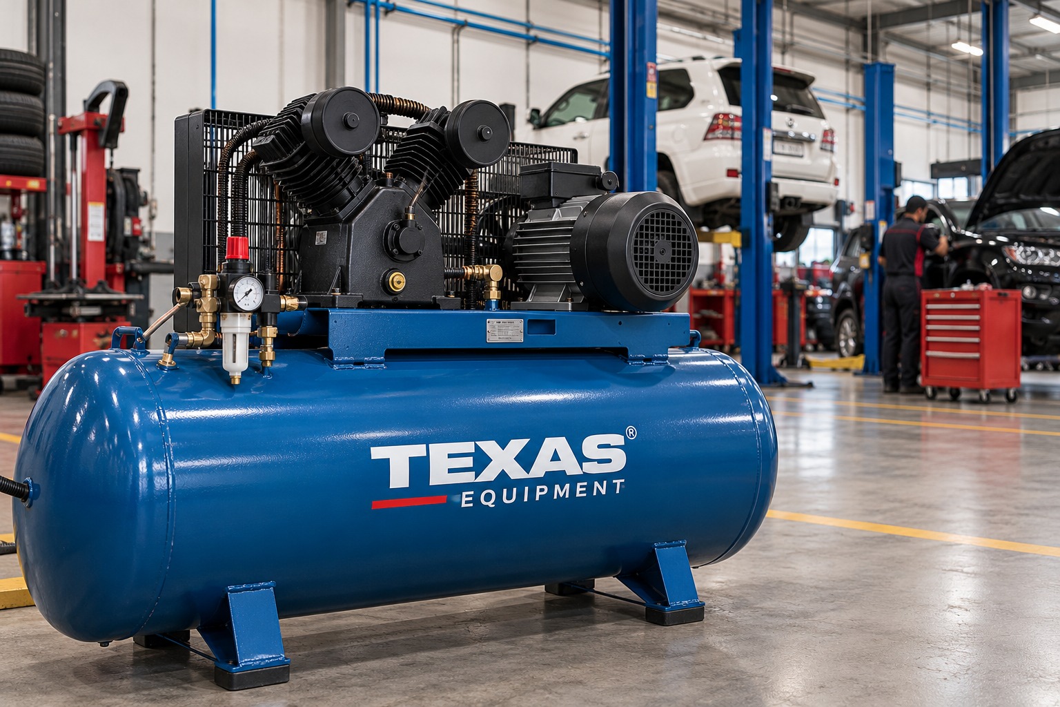 Air compressor supplying compressed air to multiple automotive workshop service bays